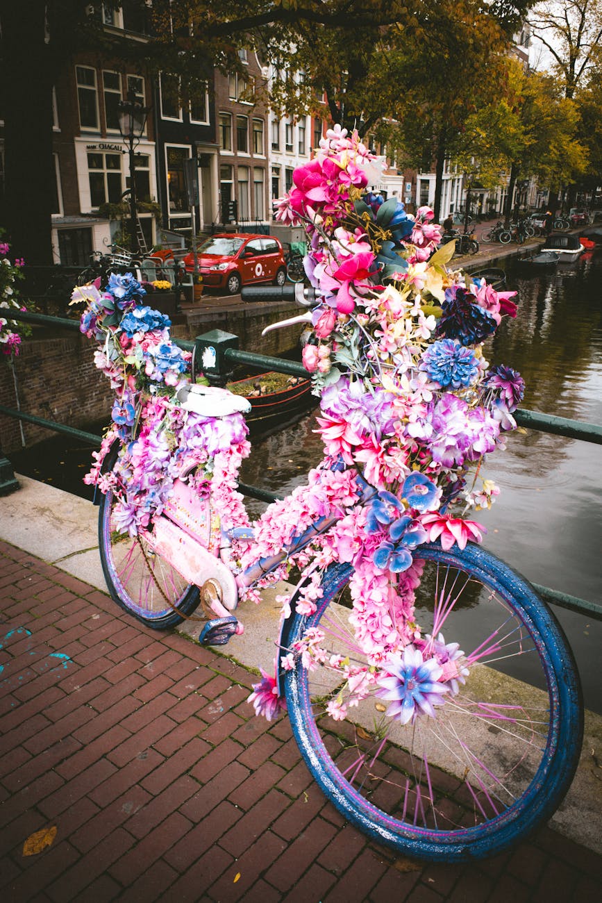 flower adorned bicycle in amsterdam s scenic canal